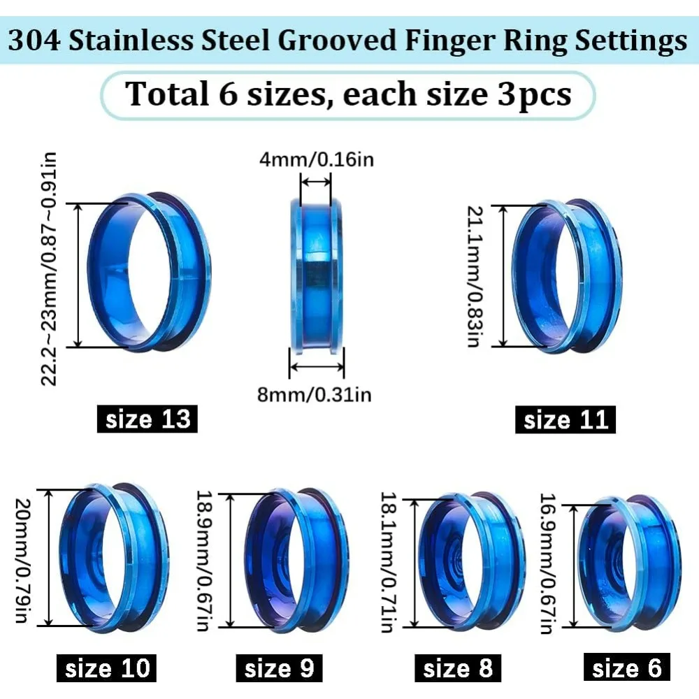 1 Box 18Pcs Inlay Ring Blanks Blue Stainless Steel Ring Blanks Grooved Ring Blank US Size 7/8/9/10/11/12 Finger Rings Making Kit