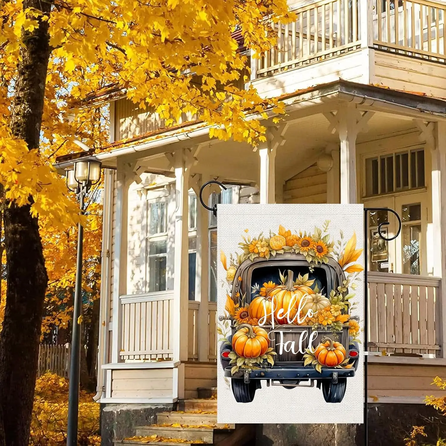 Hello Fall Pumpkin Truck Garden Flags 12x18 Vertical Double Sided, Autumn Thanksgiving Yard Flag for Outside, Holiday Season PPZ
