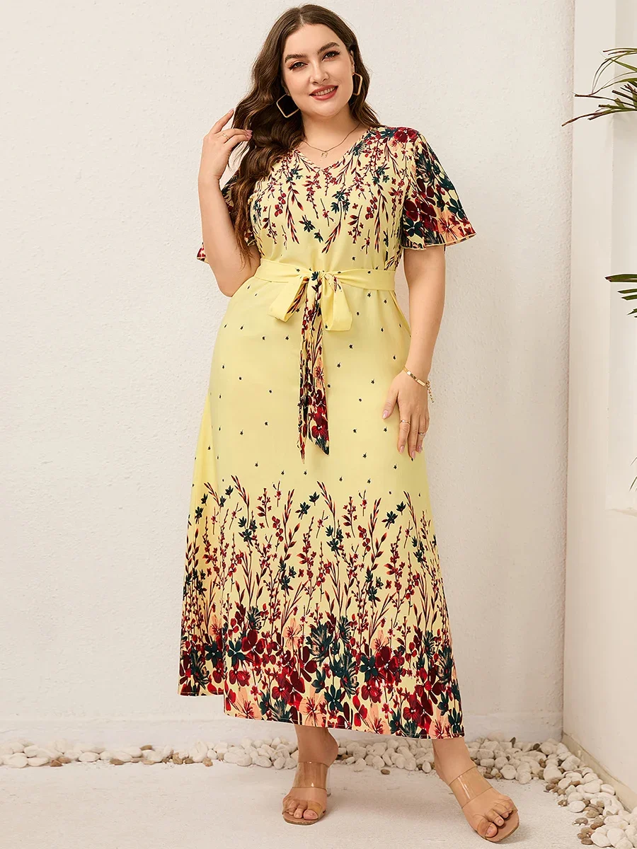 Woman Summer Long Dress V Neck Short Sleeve Floral Print Boho Beach Dress Curvy Woman Plus Size Women Clothing