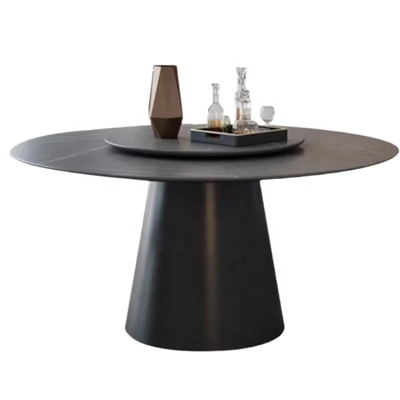 #Deluxe Modern European Round Dining Table Turntable Rock Slab Top Solid Wood Frame Apartment Hotel Use Multiple Sizes Available