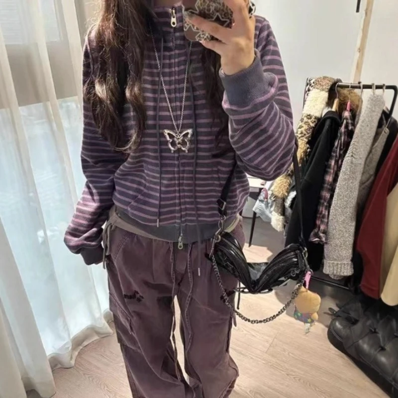 Purple Striped Sweatshirts for women Y2k Cardigan Japanese E-girls Double Zipper Hoodie Jacket Vintage High Street Graphic Coats