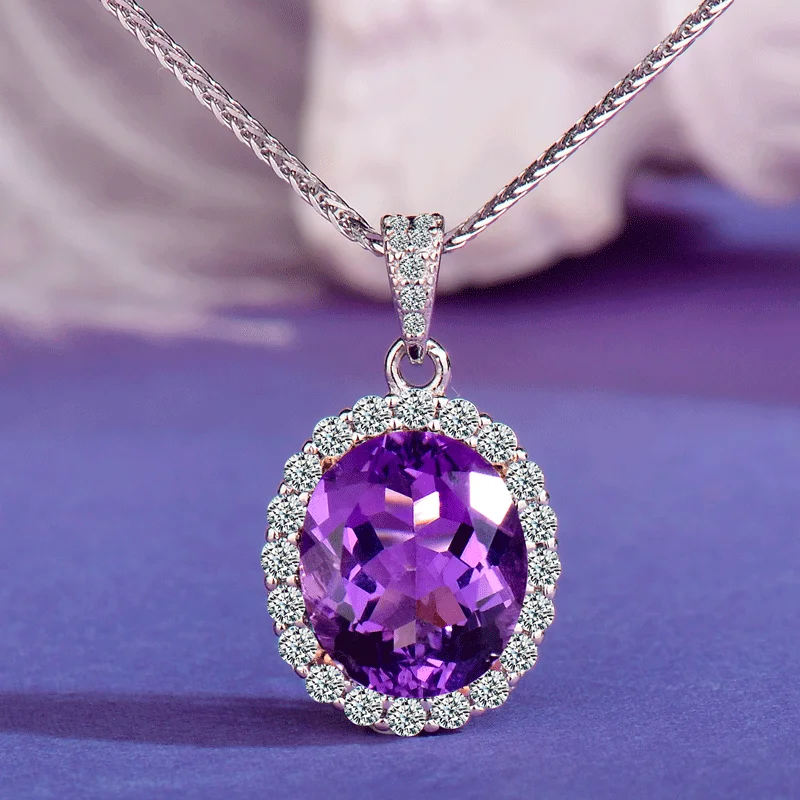 

925 Silver Natural Amethyst Pendant Is Elegant, Fashionable, Simple and Versatile, with a High-End Feel, Paired with a 45 cm 925 Silver Necklace