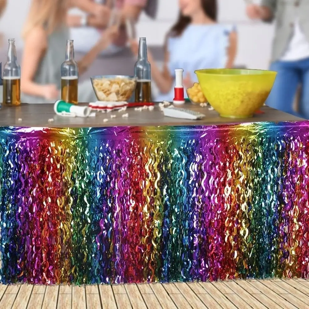 Rainbow Gradient Table Skirt Metallic Tinsel Foil Fringe Party Table Decoration Wavy Design Disposable Foil Fringe Table Skirt