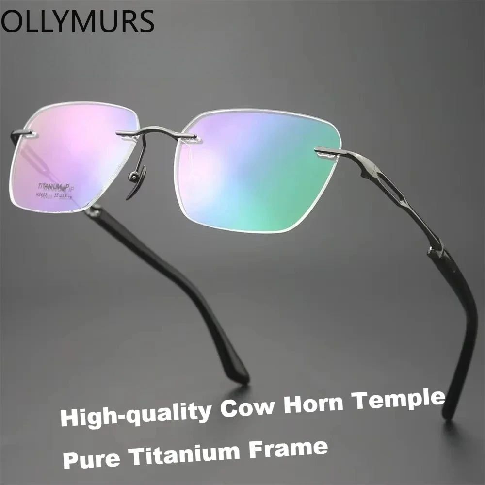 

Ollymurs Titanium Frame High-End Business Men's Rimless Glasses Frame Buffalo Horn Temple Style Myopia Optical Eyeglass Frames