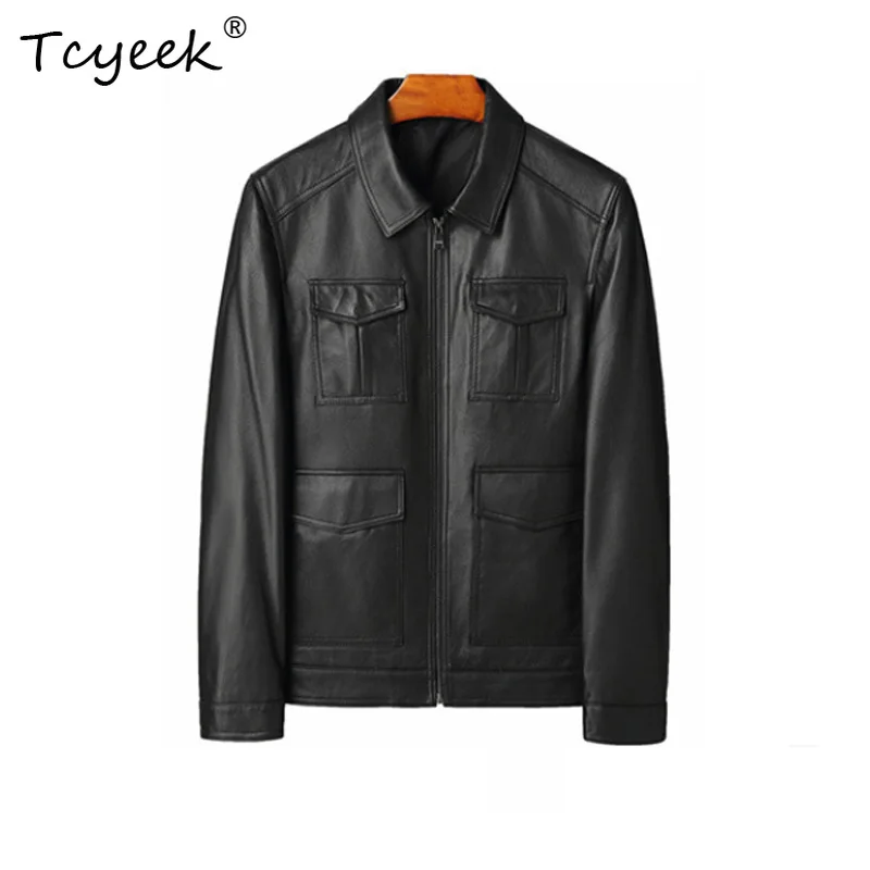 

Tcyeek Top Layer Cowskin Autumn Winter Trendy Lapel Solid Color Men's Genuine Leather Jacket Jaqueta De Couro Masculina 가죽자켓