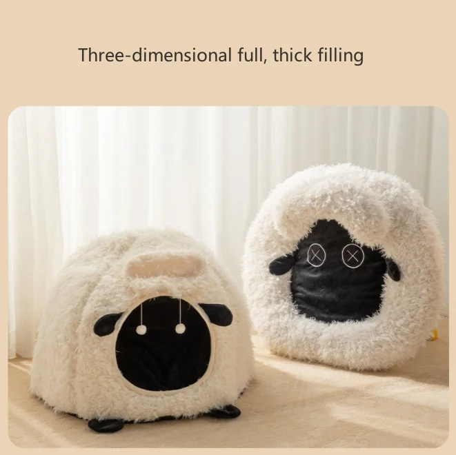 2023 New Lamb Shape Cave Cat Bed Winter Warm Enclosed Semi-Closed Round Cat Beds