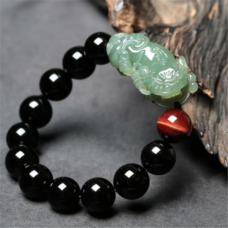 Hetian Blue White Jade Bracelet Obsidian round Beads for Men and Women