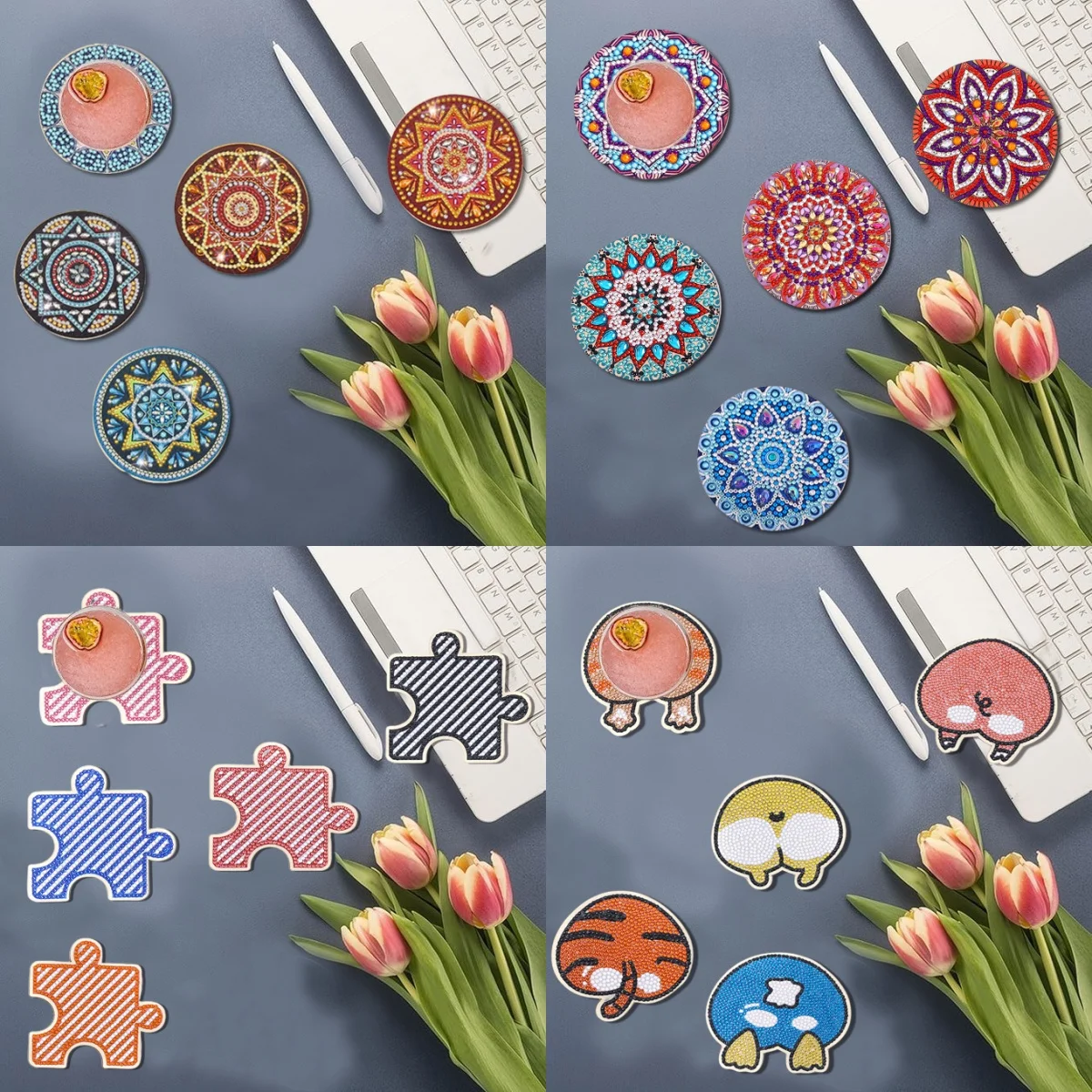 5 مجموعات من الوقايات الفنية الماسية ذات الشكل غير المنتظم من ماندالا التي يمكنك صنعها بنفسك، وسجادات الطاولة الخشبية وأكواب الرسم الماسي