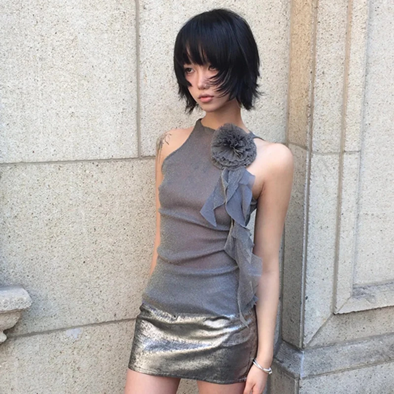 Genayooa Harajuku Y2kเสื้อดูผ่านริบบิ้นดอกไม้ตาข่ายเสื้อStreetwearญี่ปุ่น 2000S Aesthetic Sleevelesเสื้อฤดูร้อน