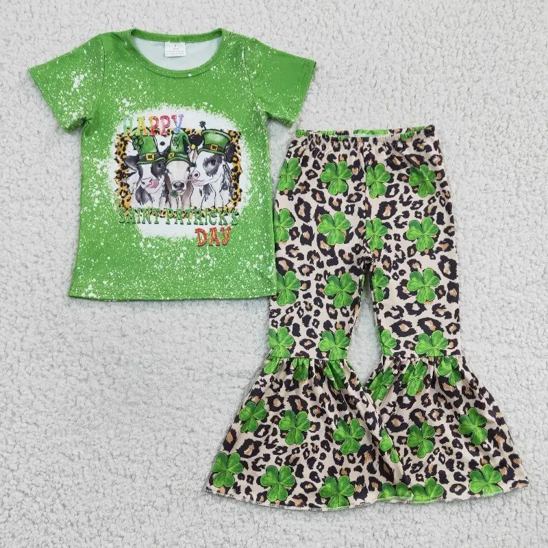 St. Patrick's Day baby girls outfits latest rts wholesale boutique cow pattern four leaf clover pattern girls green clothing