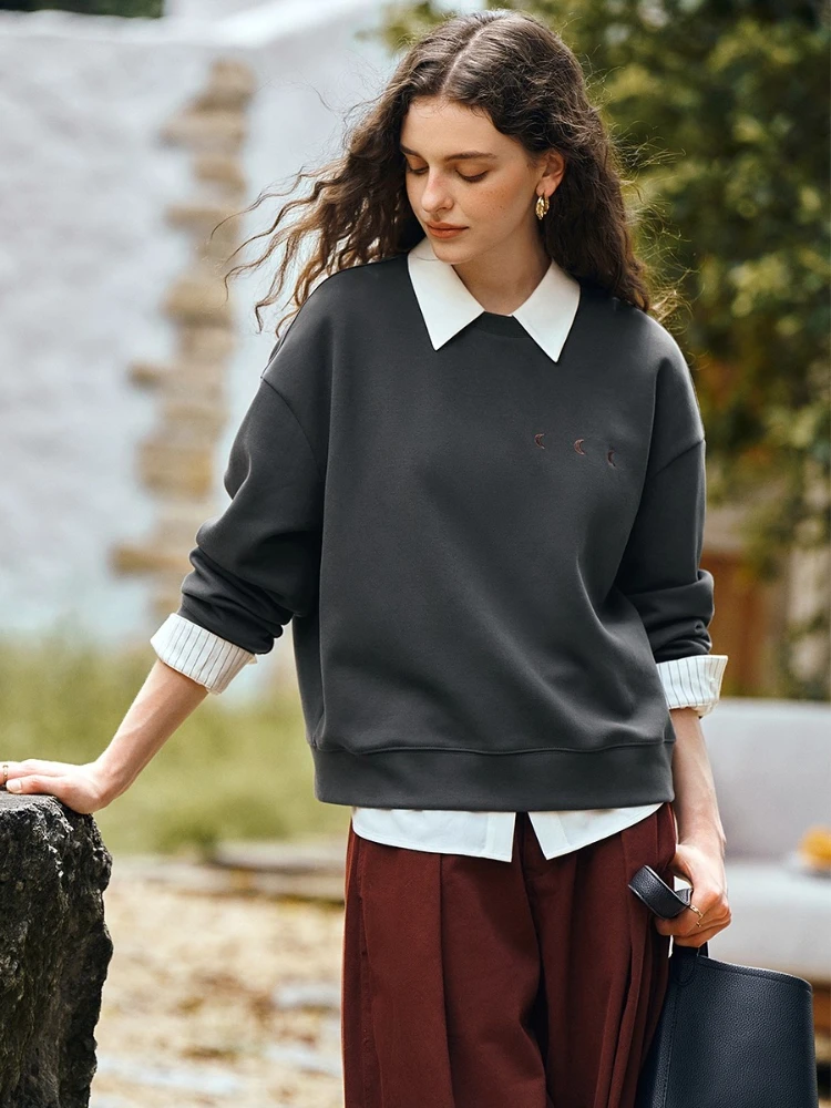 OLrain Casual Sweatshirts Woman Solid O-Neck Long Sleeve Embroidery Pullovers 2025 Autumn Women Loose Pullovers Tops O57QR001083