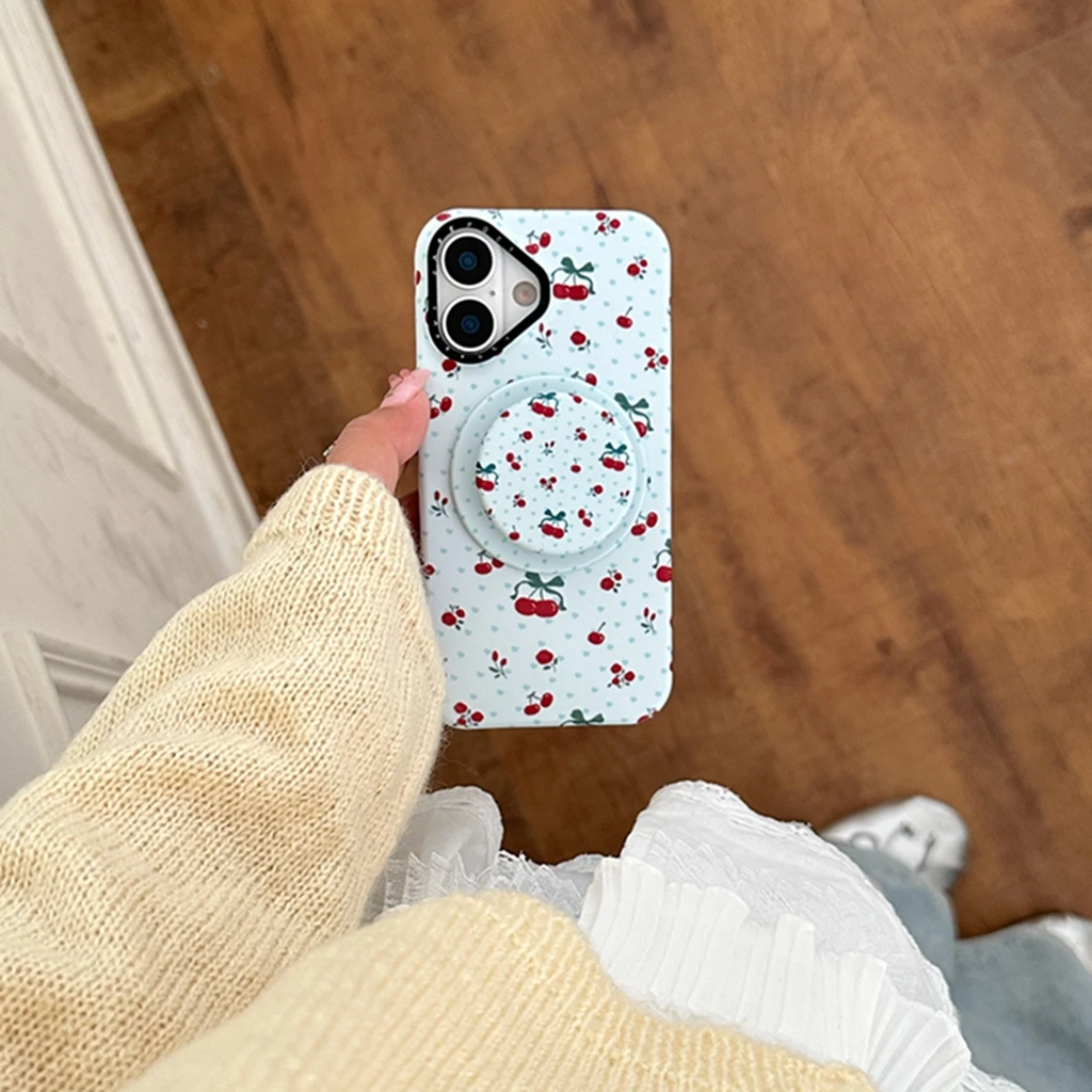 

Свежий мятно-зеленый круглый чехол в горошек вишни с держателем, магнитный чехол для телефона с беспроводной зарядкой для iPhone 16, 15, 14, 13 Pro Max
