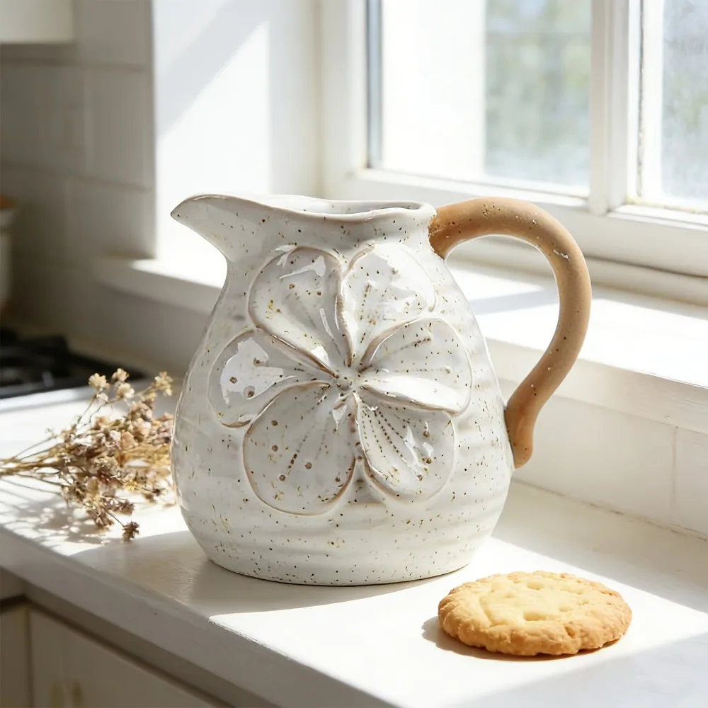 Ceramic Pitcher Vase with Handle Rustic Farmhouse Style Flower Embossed Jug Floral Arrangement Home Kitchen Living Room Decor