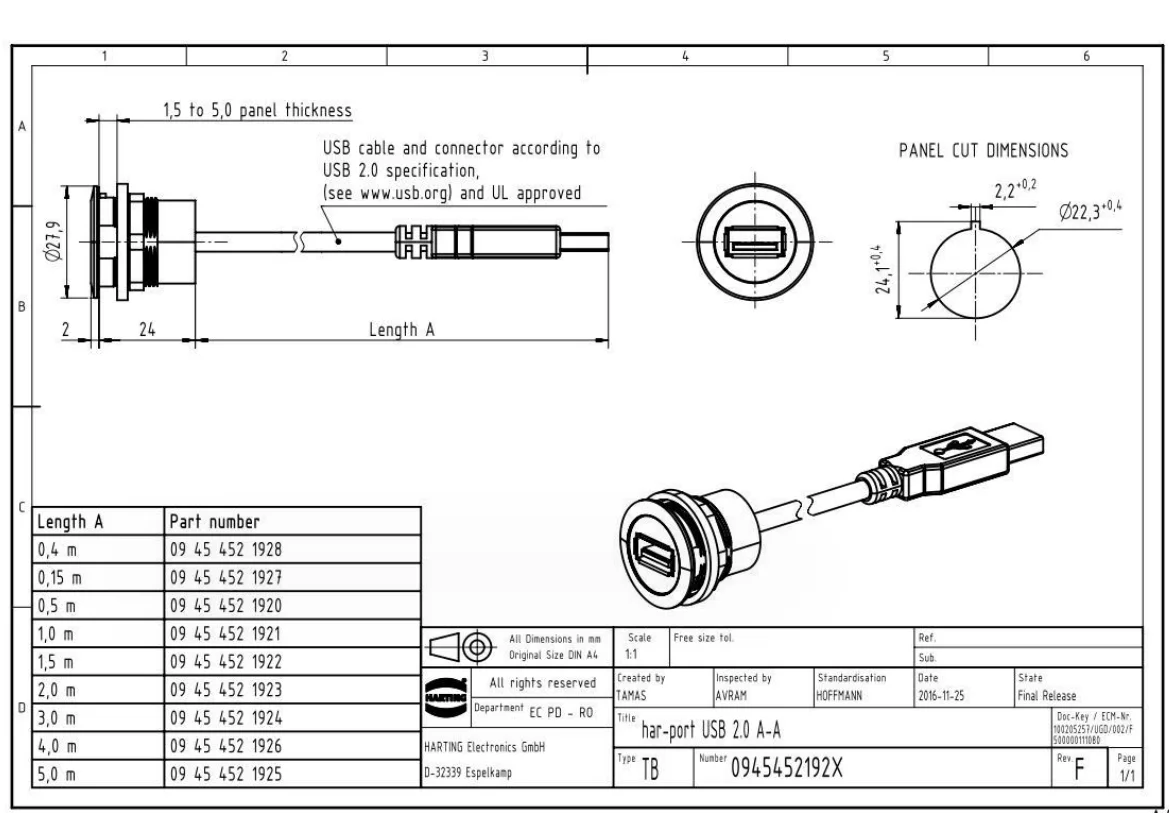 09454521924 har-port USB 2.0 service interface 3m connector