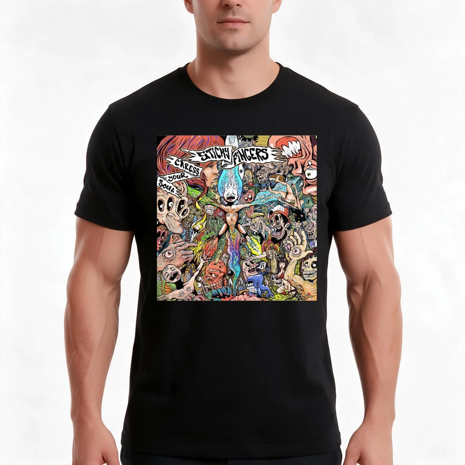 Sticky Fingers caress your soul T-Shirt, Summer Casual Cotton Tee, Oversized Streetwear Tops, Vintage Graphic Print, 100% Cotton