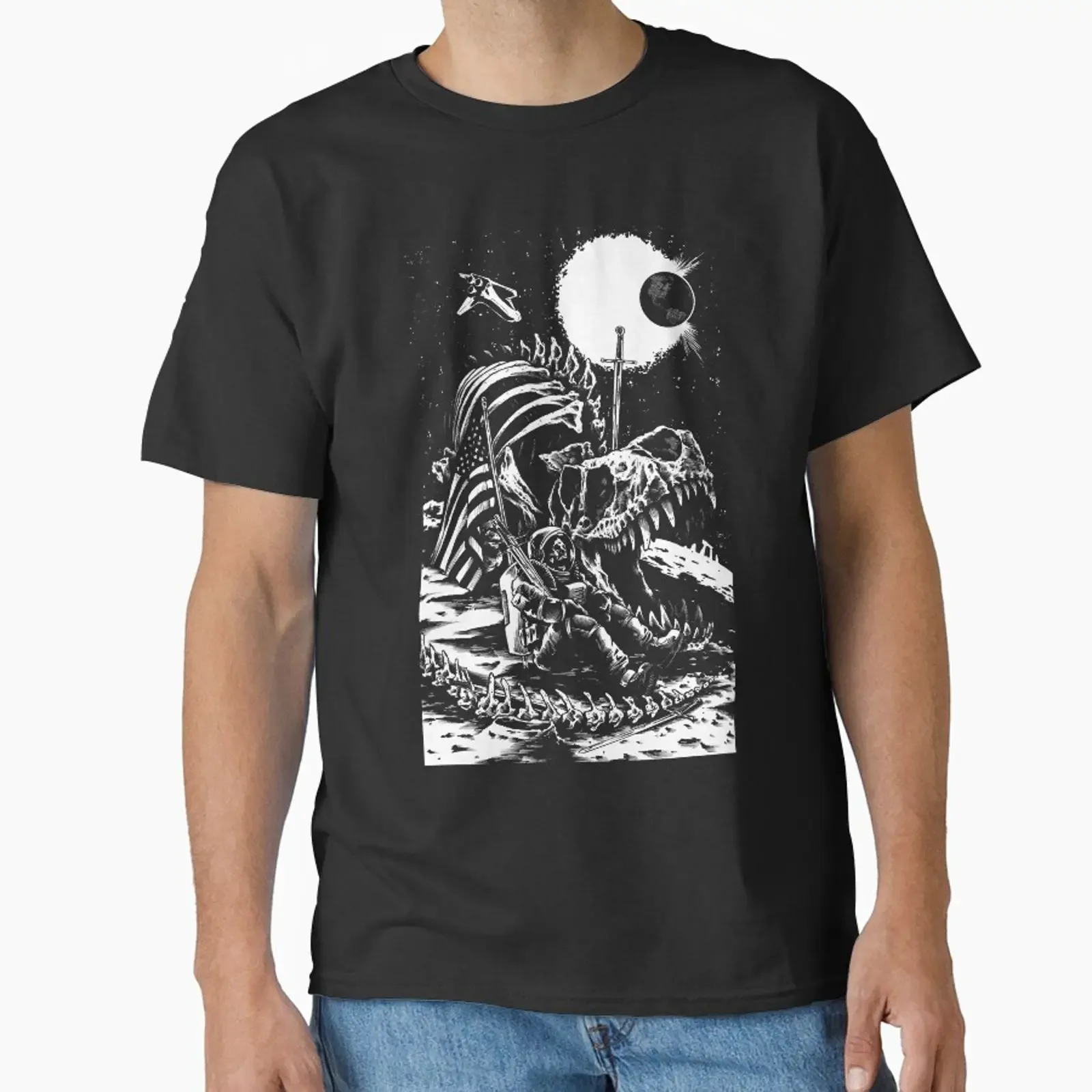 astronaut dinosaur t rex skeleton swords tattoo 70s metal amp amplifier stack tube guitar heavy stoner rock Classic Shirt