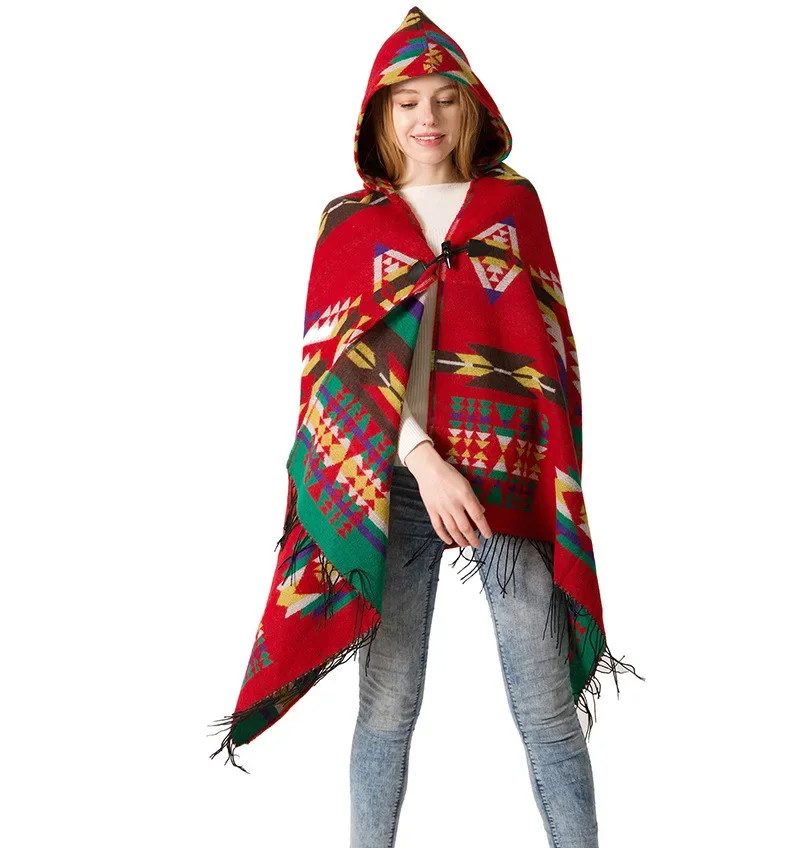 

Autumn Winter Christmas Vintage Cloak Ethnic Style Sweater Poncho Women's Loose-fitting Open Stitch Shawl Casual Cape T256