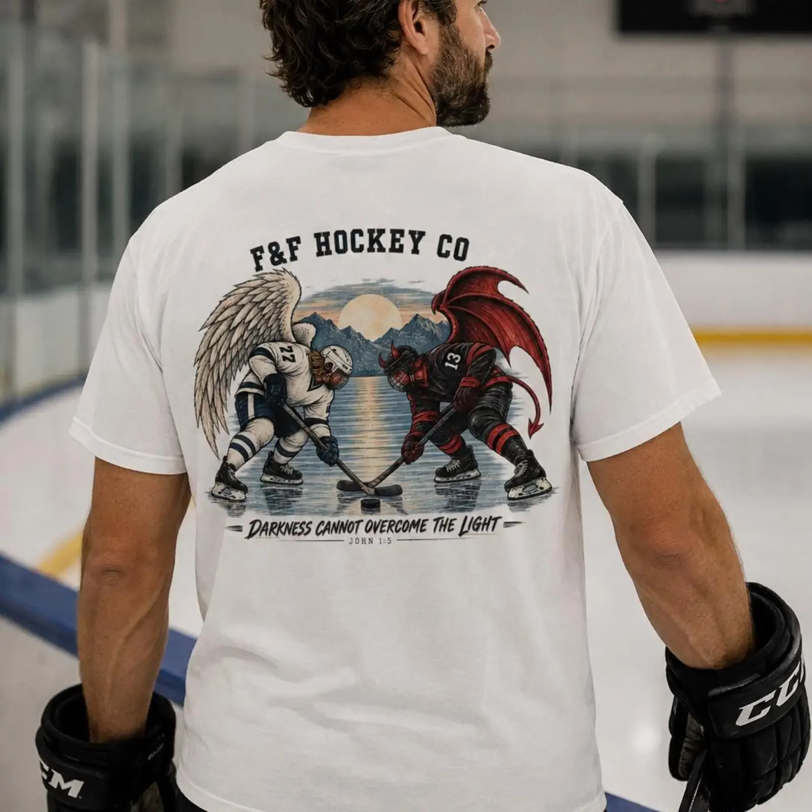 Angel Vs Demon Hockey Player T shirt Faith Scripture John 1 5 Lightness outshines the darkness vintage Washed Comfortable