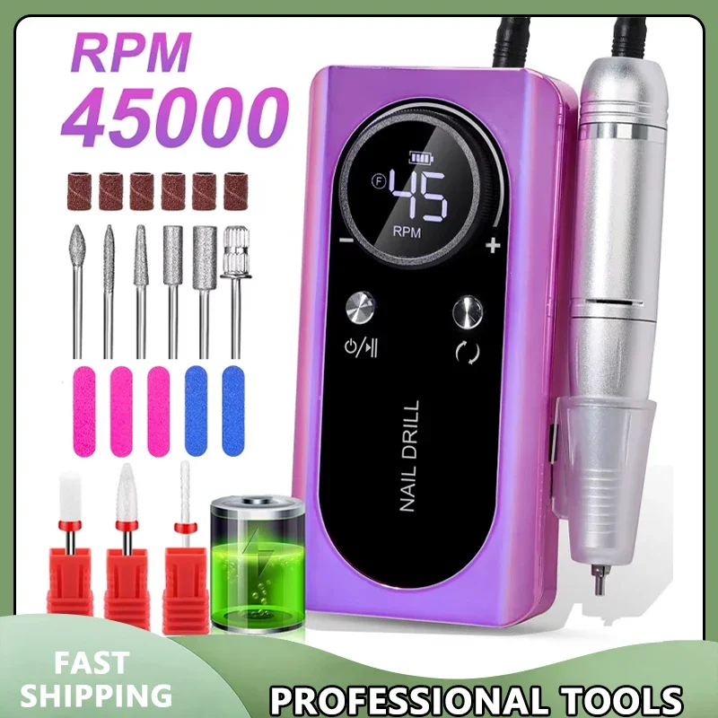 

45000RPM Nail Drill Machine Kit Rechargeable Electric Portable Nail Sander File for Gel Nails Polishing For Manicure Salon Home