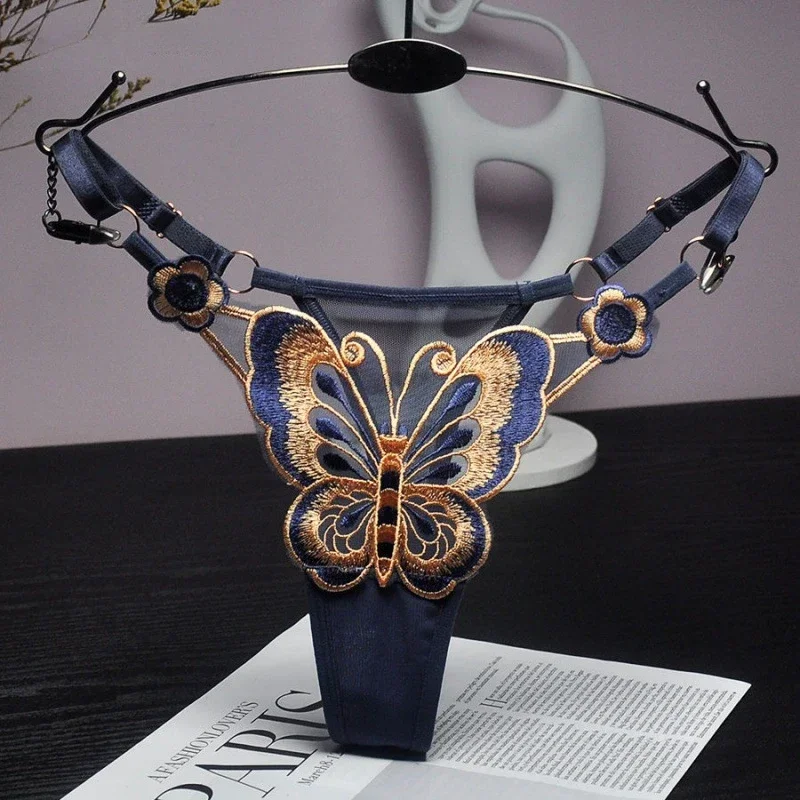 String Sexy en dentelle pour femmes, culotte taille basse papillon, cordes G, slip en maille transparente, taille réglable