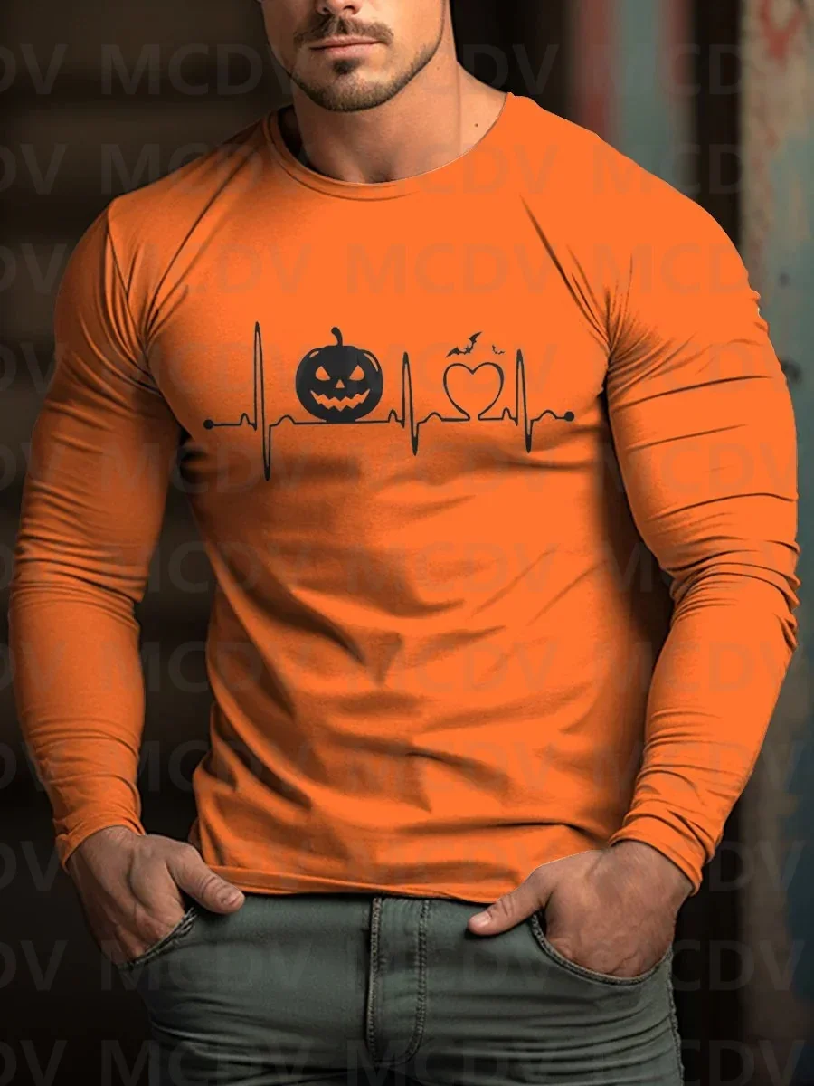 Men's Halloween Pumpkin Heart Rate Pattern Casual Print Long Sleeve T-Shirt