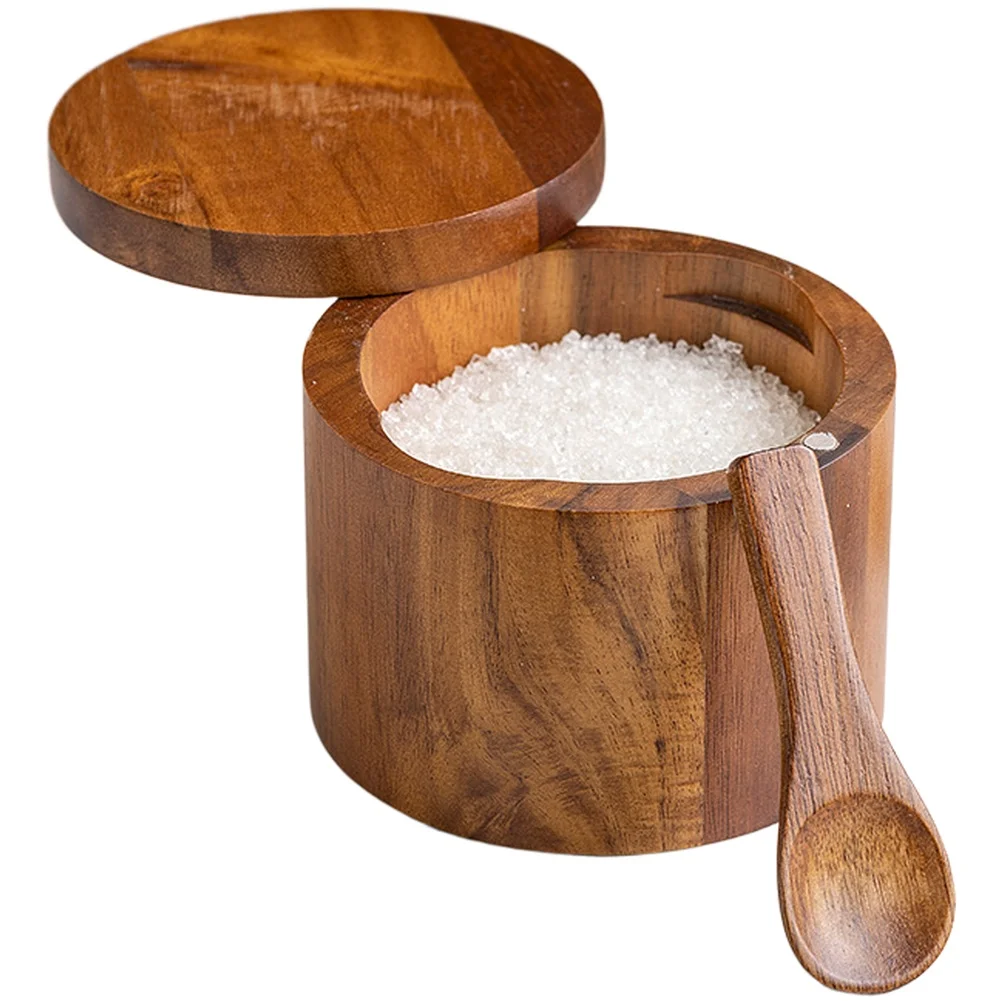 Natural Acacia Wood Spice Jar With Rotating Lid And Spoon Slot, Multi-Compartment Salt Shaker For Kitchen Organization