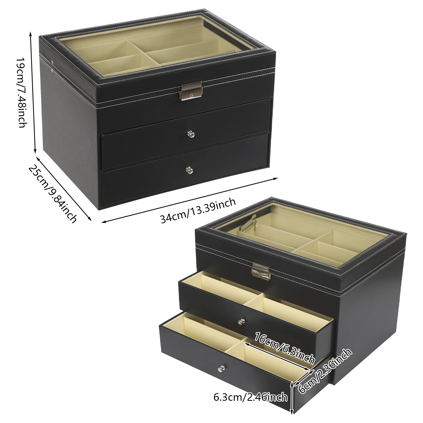 3-Schichten Organizer aus Leder mit Schublade 24 Fächer Brillenbox Aufbewahrungskoffer Rostbeständig für Sonnenbrillen – Detail 2