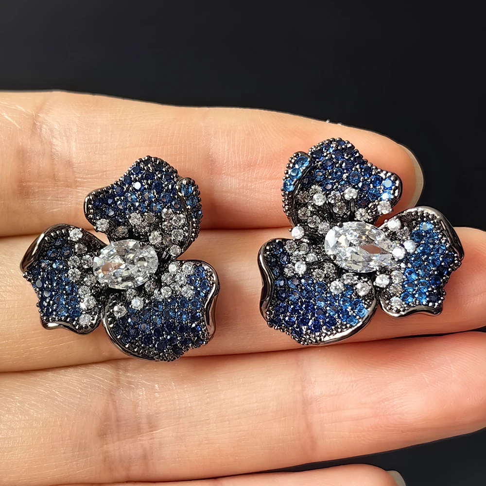 cubic zirconia flower earrings for women sweet jewelry party daily wear petals stud earrings red blue green fushia flower