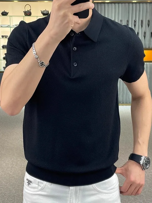 2025 New Summer Knitted  Shirt Short Sleeve Men's Fashion Brand Pineapple Pattern Half Sleeve Turn-down Collar T-shirt