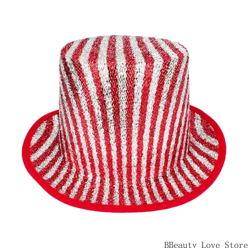 Stripe Top Hat Magicians Party Costume Glitters Fabric Adult Cosplay Hat