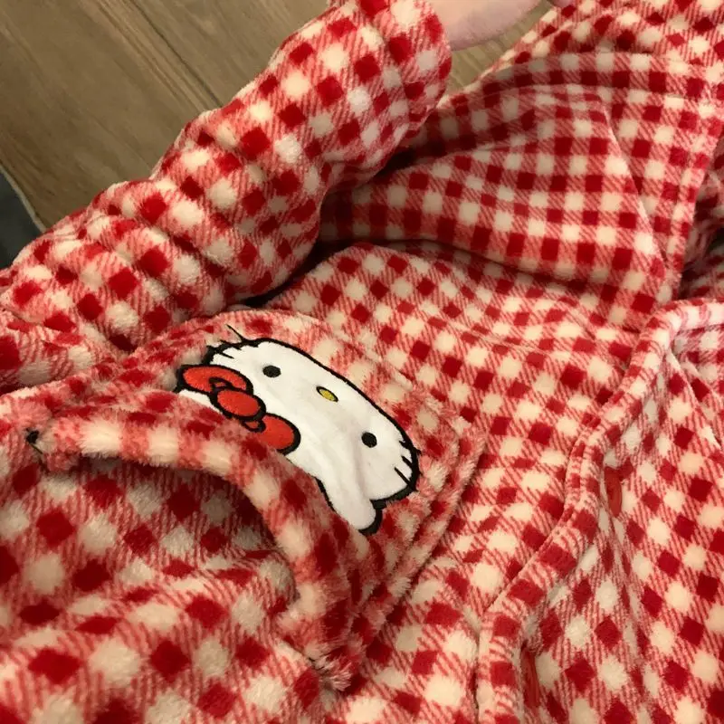 

Kawaii 2Pcs Hello Kitty Girl Pajamas Set Cute Autumn Winter Red Grid Cardigan Pants Thicken Warm Coral Fleece Pjs Anime Homewear