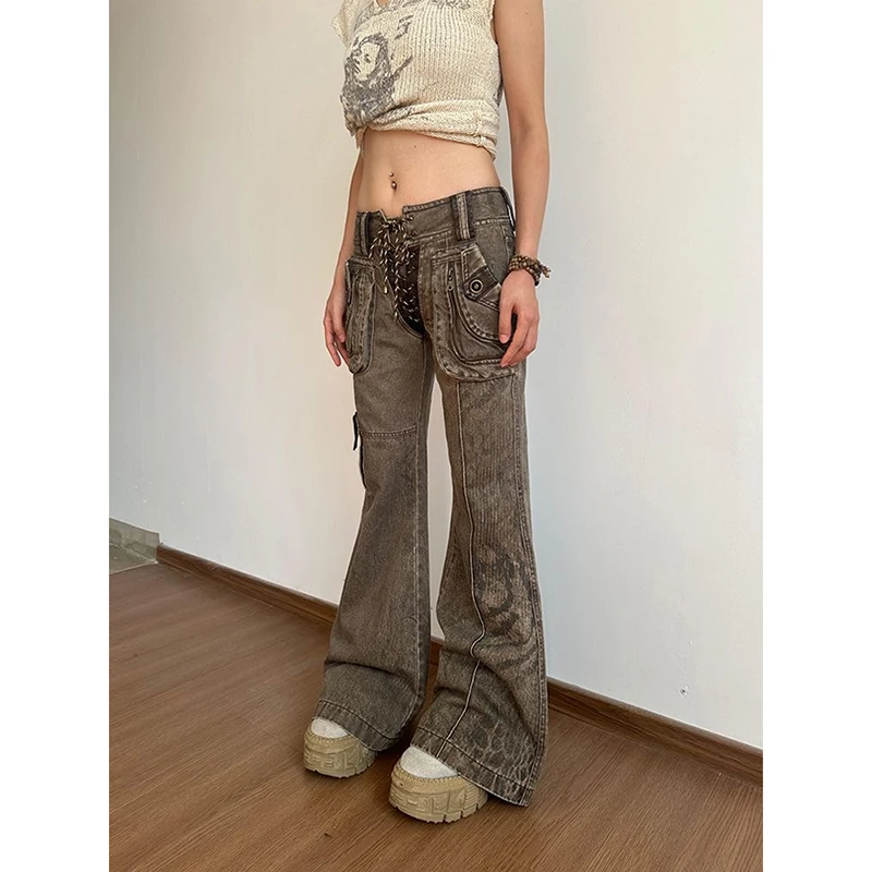 Women's Brown Gothic Y2K Jeans Baggy Aesthetic Denim Trousers Harajuku Streetwear Jean Pants Vintage 2000s Trashy Clothes 2024