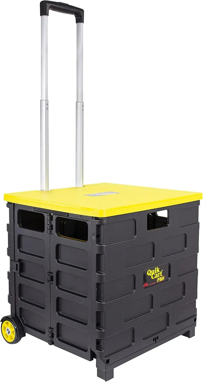 products Quik Cart Pro Wheeled Rolling Crate Teacher Utility with seat Heavy Duty Collapsible Basket with Handle, Yellow