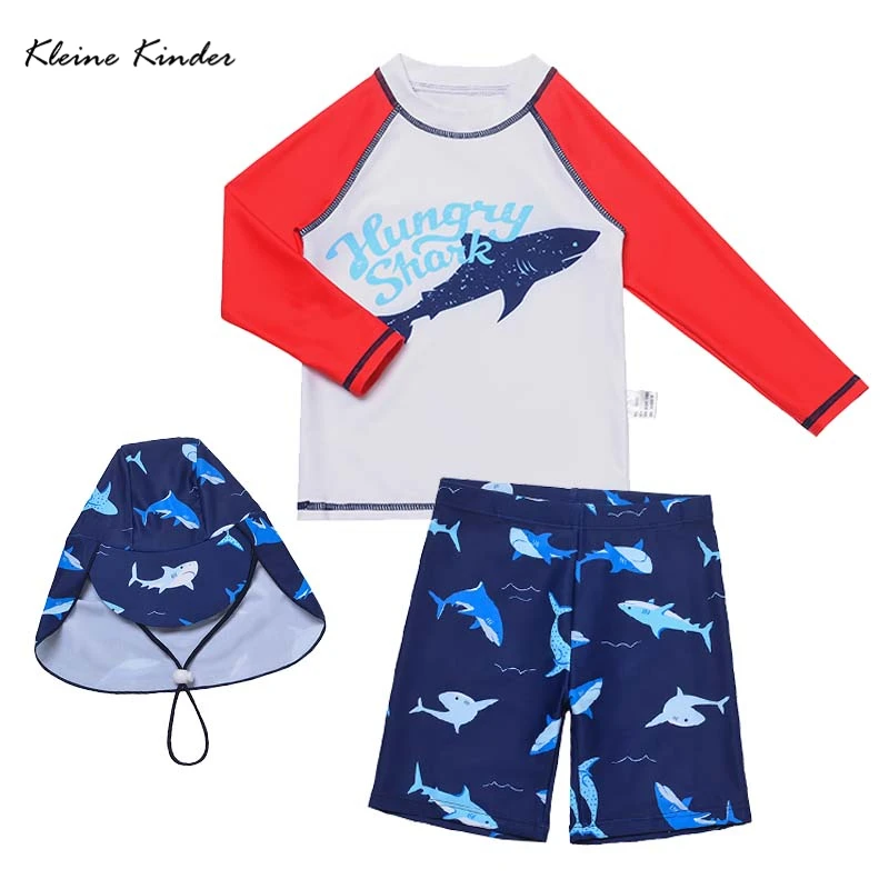 

Купальники из двух предметов для мальчиков с шапочкой для плавания, детский солнцезащитный костюм с длинными рукавами, комплекты купальников, красный, белый цвет, пляжная одежда с принтом акулы