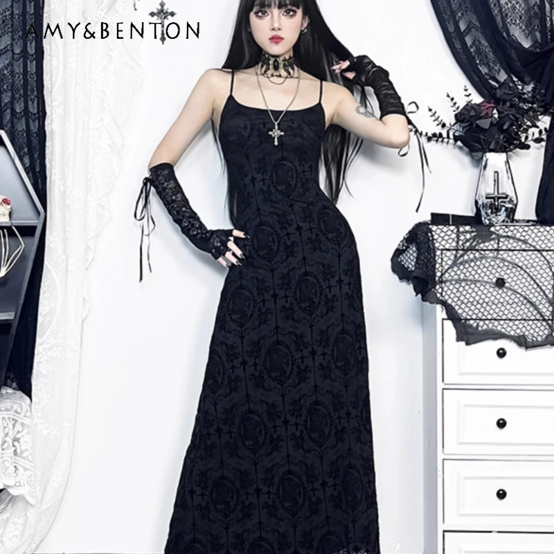 

Gothic Black Hollow Out Print Women's Sling Dress Original Design Spring Autumn New Thin Sexy Sweet Long Black Dresses Ladies