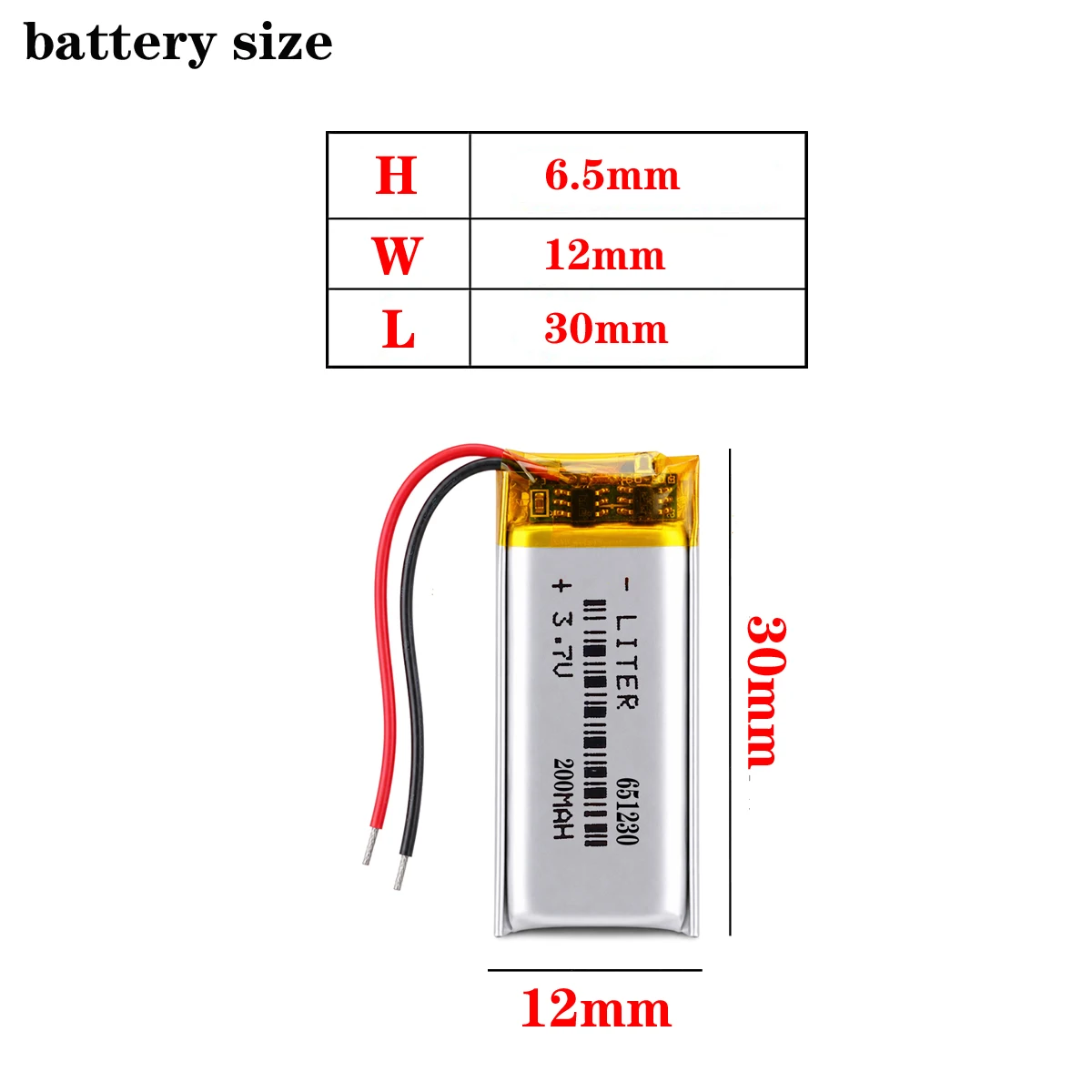 Polymer-Lithium-Batterie 651230 3,7 V 200 mAh kann individuell angepasst werden Großhandel CE FCC ROHS MSDS Qualitätszertifizierung