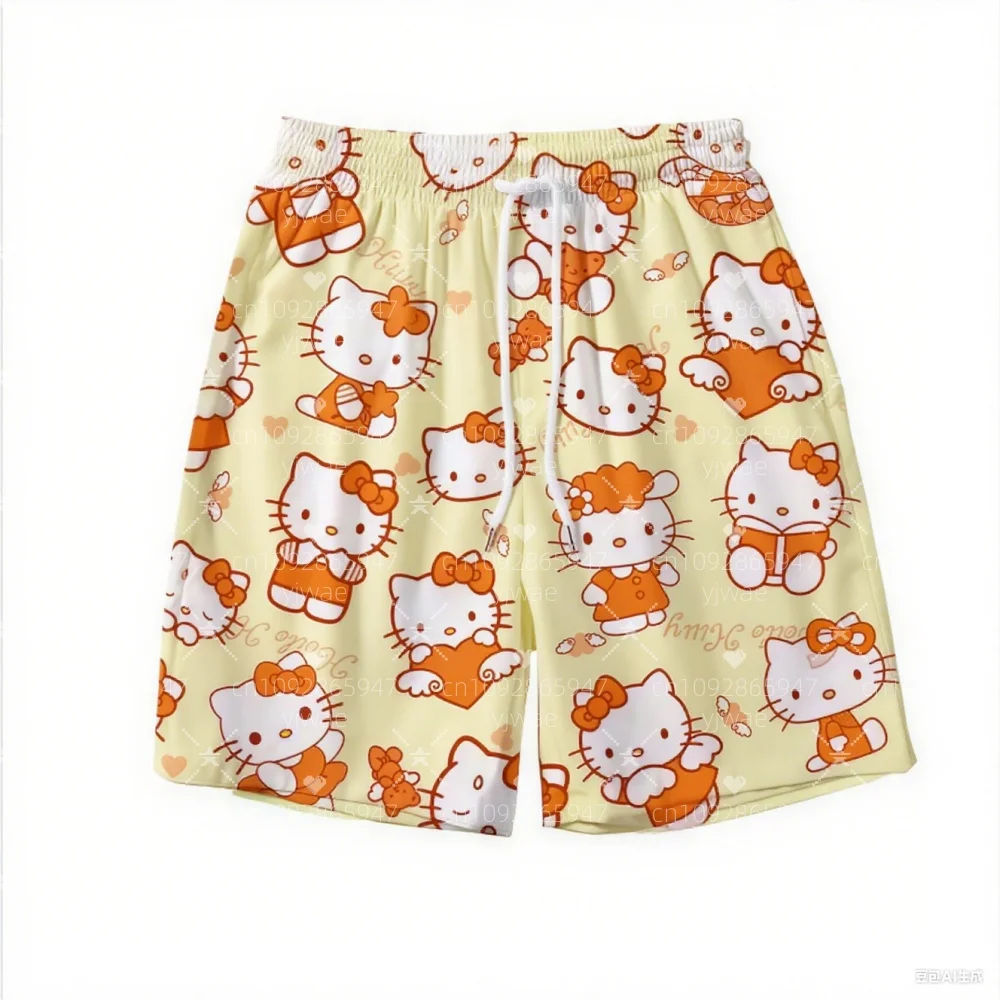 2025 女性の夏の水泳女性 3D ハローキティプリントビーチショーツプラスサイズ女性デイリーショーツカジュアルトランクスショーツ