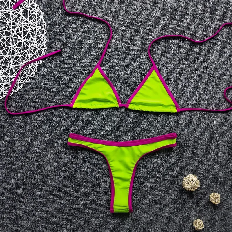 Contrast Trim Triangle Halter Bikini Set String Side Thong Brief Two Piece Swimwear Summer Beach Bathing Suit