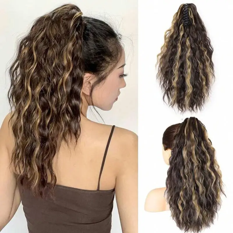 Synthetic Water Wave Long Curly Hair Claw Clip Ponytail, Heat Resistant Fiber Fluffy Messy Ponytail Hair Extensions for Women