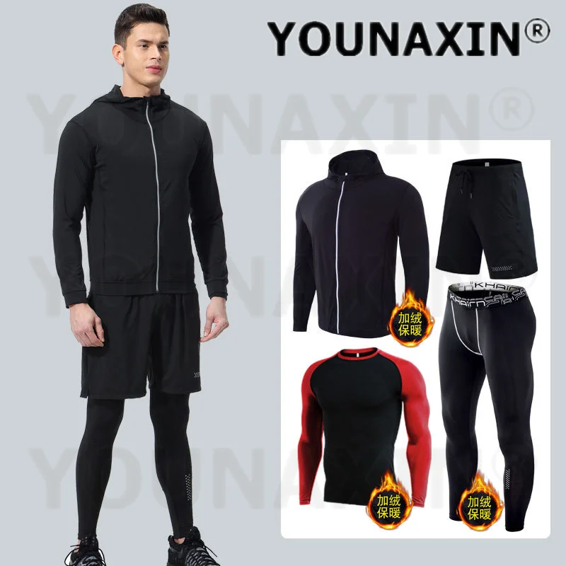 طقم ملابس لياقة بدنية للرجال مكون من 4 قطع، ملابس شتوية حرارية دافئة مرنة سريعة الجفاف، ملابس رياضية لكرة السلة والجري واليوجا #4