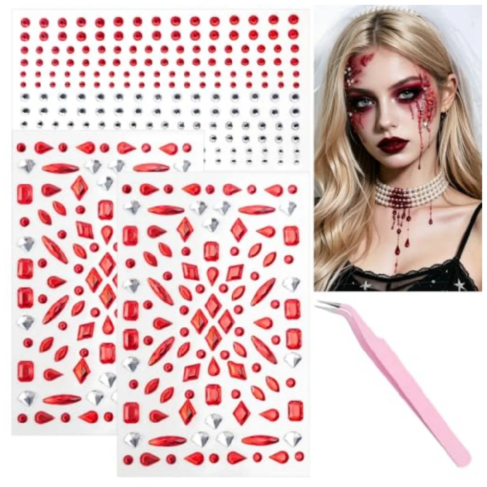 Halloween Red Blood Drop Self Adhesive Face Gems Stickers Set Red Clear Rhinestone Face Jewels for Party Makeup with Tweezers