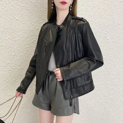 

2024 Haining Sheepskin Coat Spring New Motorcycle Style Slim Fit Standing Neck Jacket Women's F