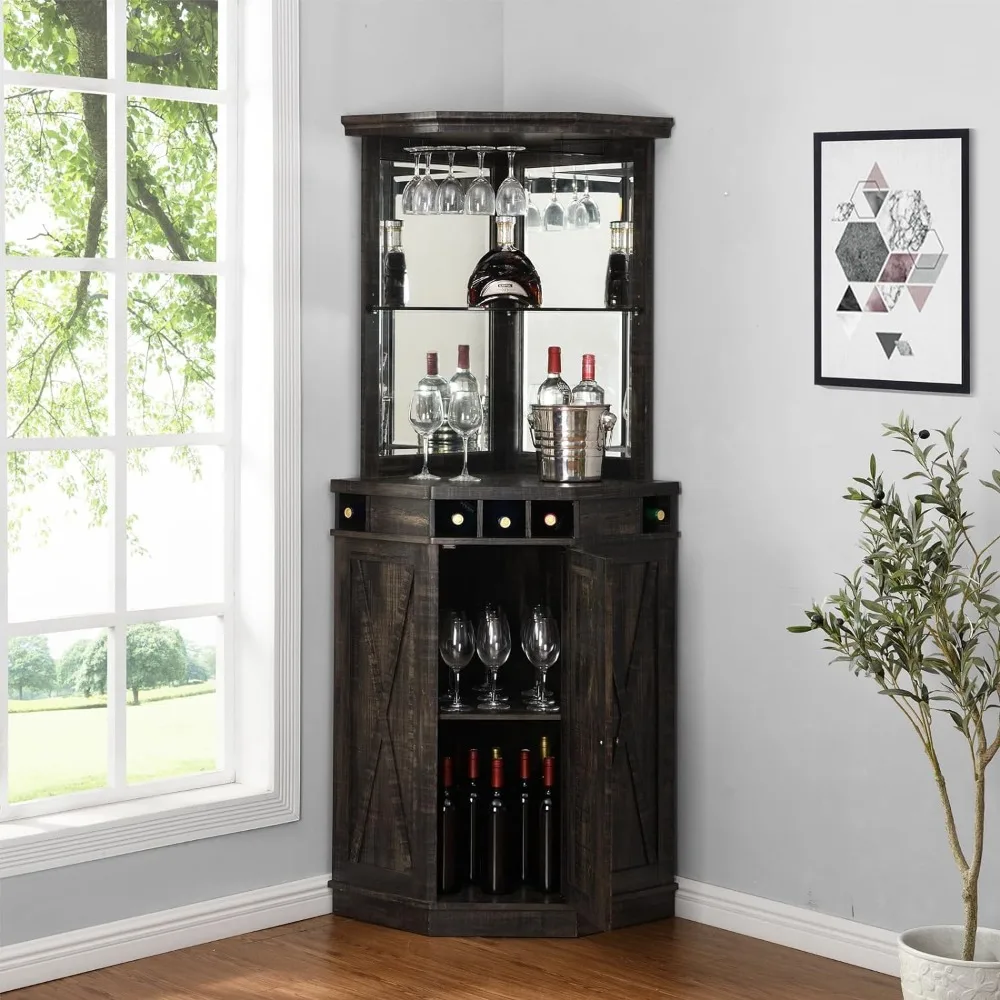 73" Tall Corner Storage Cabinet with Wood Doors, Wine Rcak, Liquor Glass Holder, Glass Design Large Rustic Bar Hutch