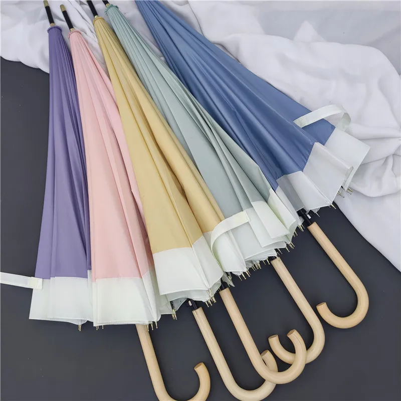 

Automatic Open Wooden Umbrella Windproof 16 Ribs Travel Folding Compact Plain Long Handle Straight Classic Men Women