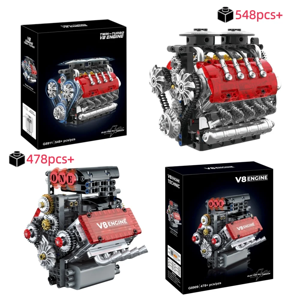 MOC Mechanical Turbine V8 Engine Model Electric Motor  Building Blocks DIY Assembly Kit Desktop Ornament Gift For Adults Kids