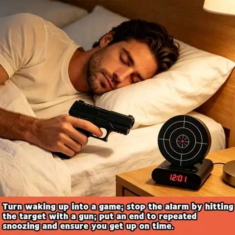 Target Wake UP Alarm Clock with Gun & LED Display Creative Target Shooting Clocks 2 Alarming Modes for Lazy Mute Office
