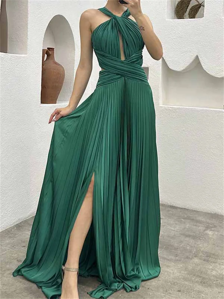 Wmstar Women Party Dress Sexy Pleated Slit Satin Solid Color Halter Sleeveless Club Fashion High Waist Birthday Evening Dresses