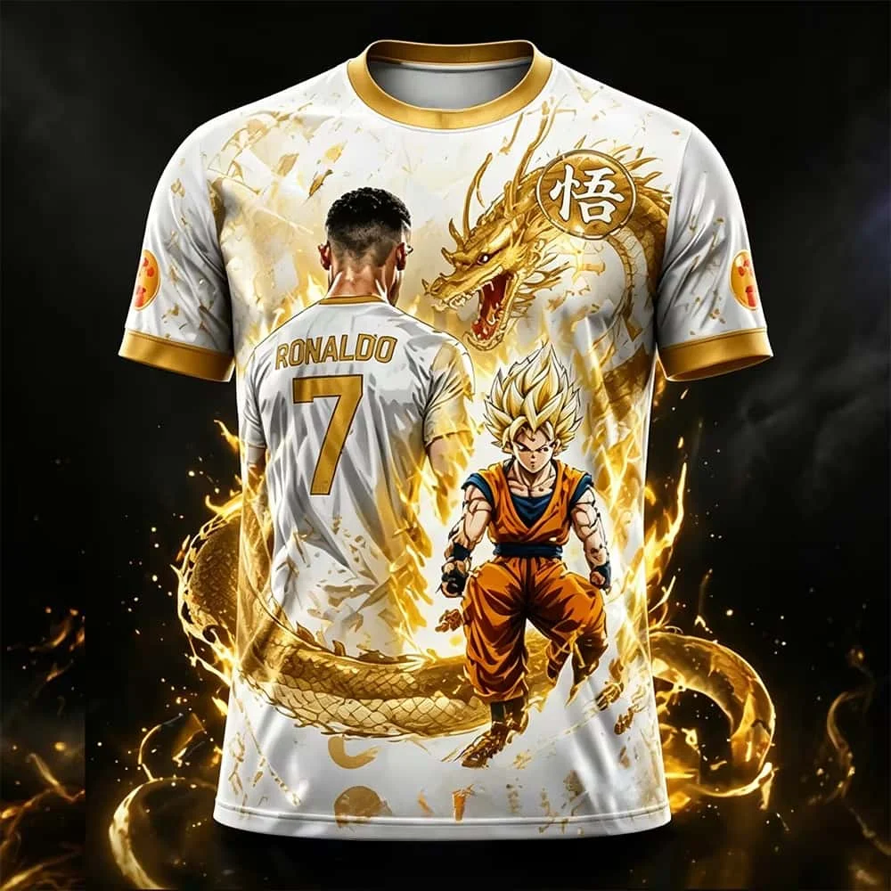 Sommer-Neuheit: Dragon Ball/Ronaldo 3D-gedrucktes, schnell trocknendes Kurzarm-Shorts-Set für Kinder/Erwachsene, Familien-Partnerlook, Kinder – Detail 7