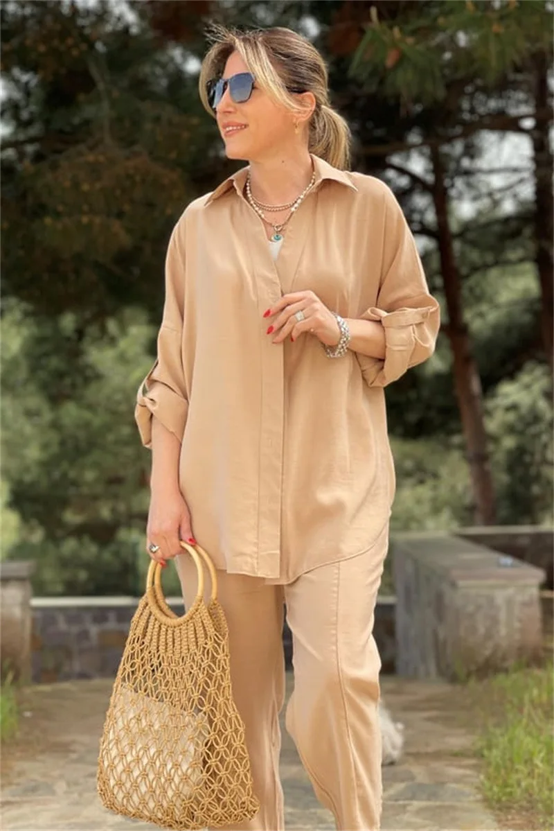 

Casual Commuter Two Piece Set Loose Lapel Long Sleeve Button Shirt Elastic Waist Lace Up Trousers Set Spring New Solid Color Set