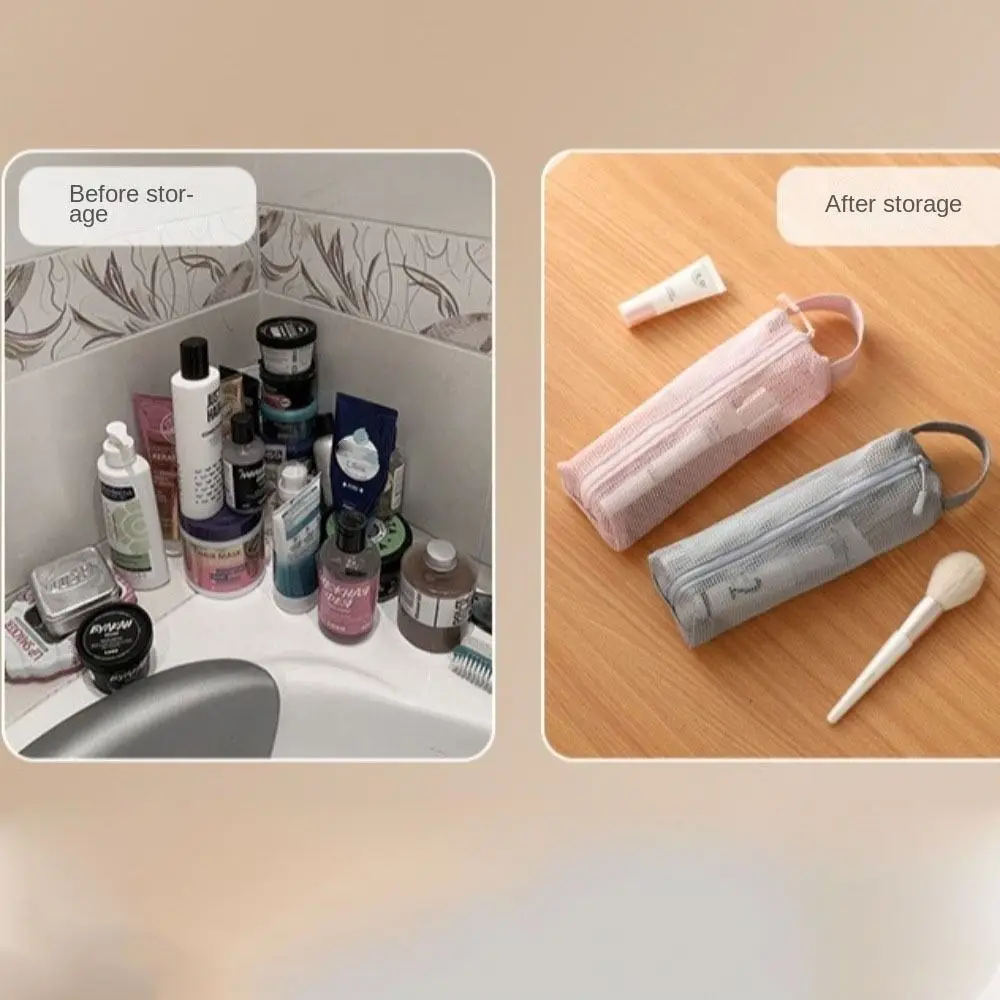 便利なハンドル付きメッシュトイレタリーバッグ折りたたみ式通気性トイレタリー収納バッグ速乾性化粧ブラシバッグ洗濯ハンドバッグビーチ